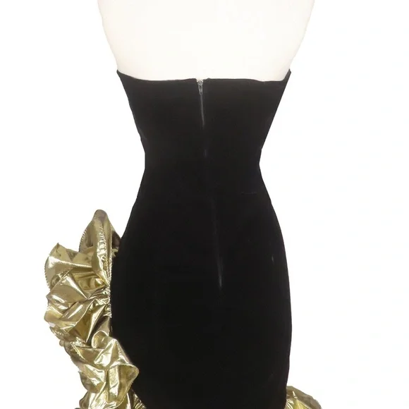 Elegant Black and Gold Strapless Prom Cocktail Holiday NYE Dress